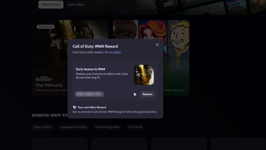 Redeeming the COD MW 4 Open Beta Early Access code from Discord Nitro Home tab.