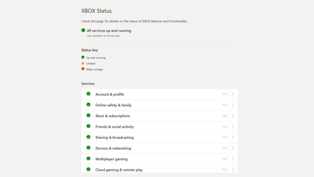 Xbox server status page