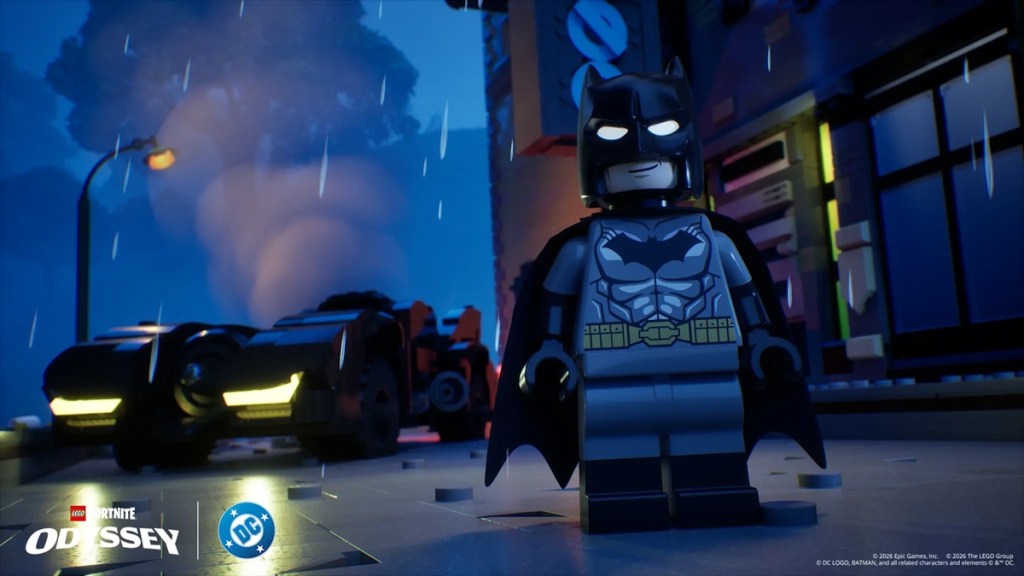 Batman with Batmobile in LEGO Fortnite Odyssey