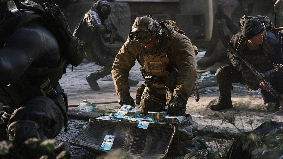 Soldier opening a bag full of money
