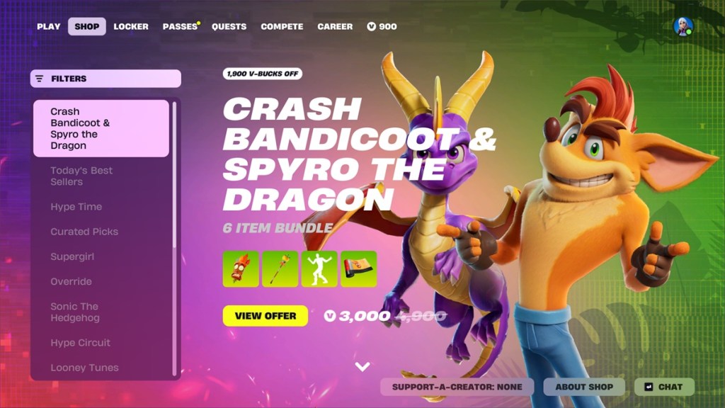Crash Bandicoot and Spyro the Dragon in Fortnite Item Shop