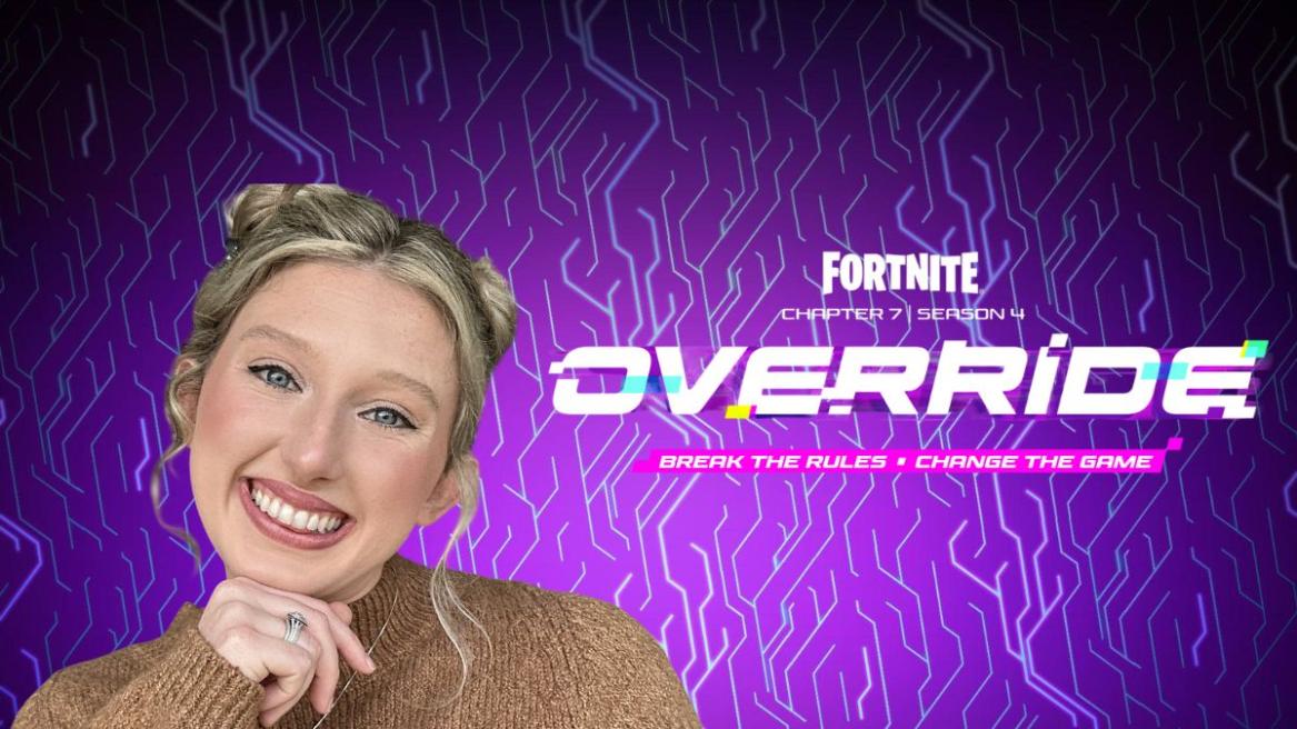 Happy Happy Gal next to a logo for Fortnite Chapter 7 Season 4 Override