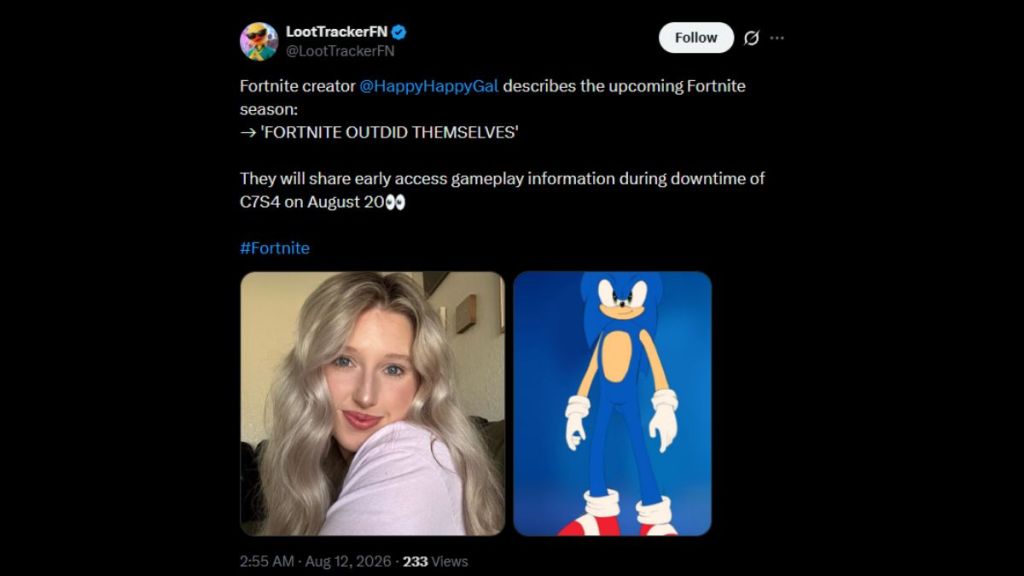 LootTrackerFN X post about Happy Happy Gal's early access to Fortnite Chapter 7 Season 4