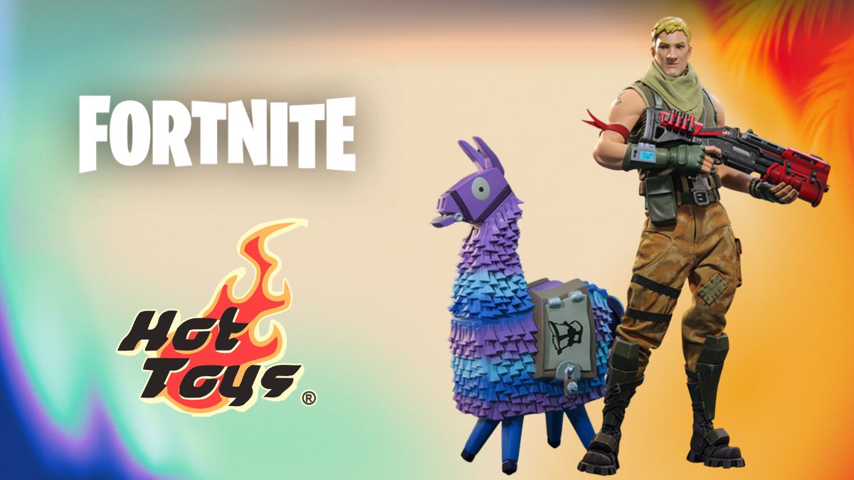 Fortnite Hot Toys logos next a 1/6 figure of Jonesy The First
