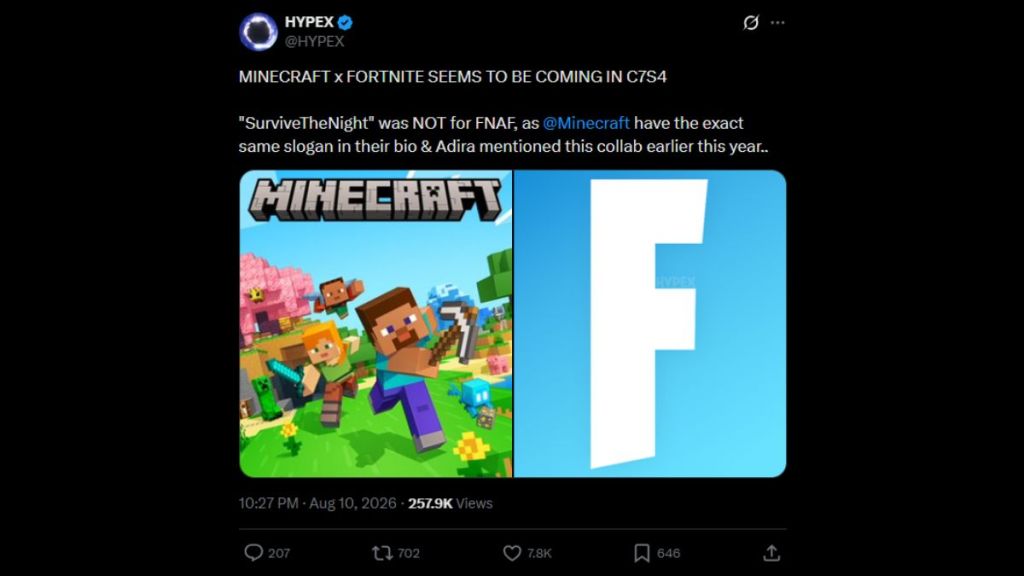 HYPEX post about Fortnite Minecraft crossover