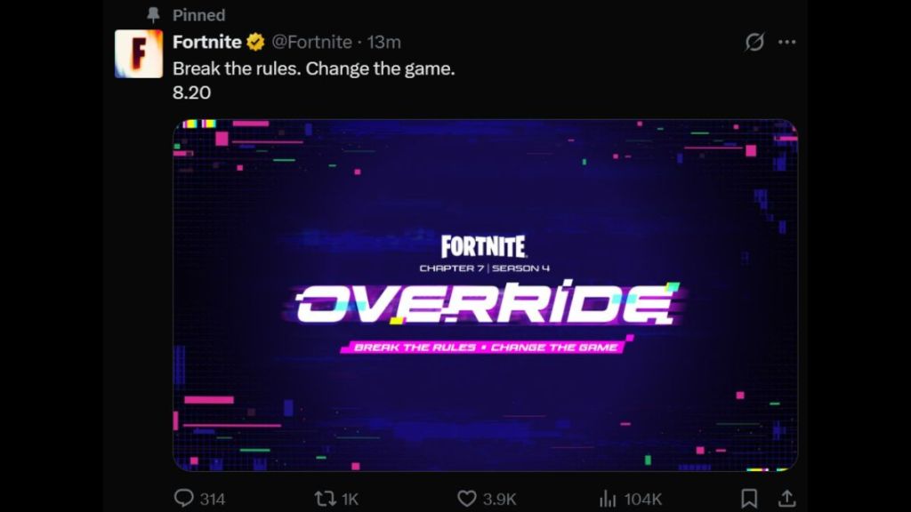 Fortnite X post for Chapter 7 Season 4: Override