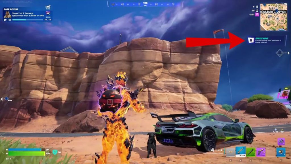 Fortnite player standing next to a car with the Sprite Hunt Rift Anomaly active