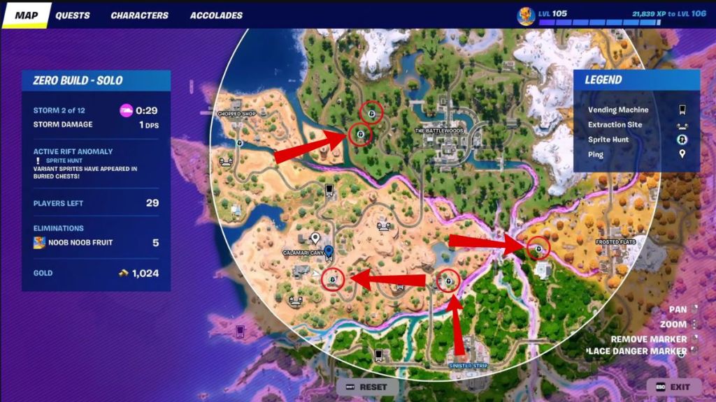 Fortnite Chapter 7 Season 3 map with the locations of buried Sprite Chests