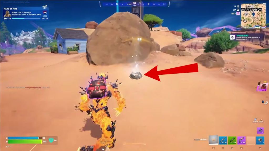 Fortnite player in front of a buried Sprite Chest