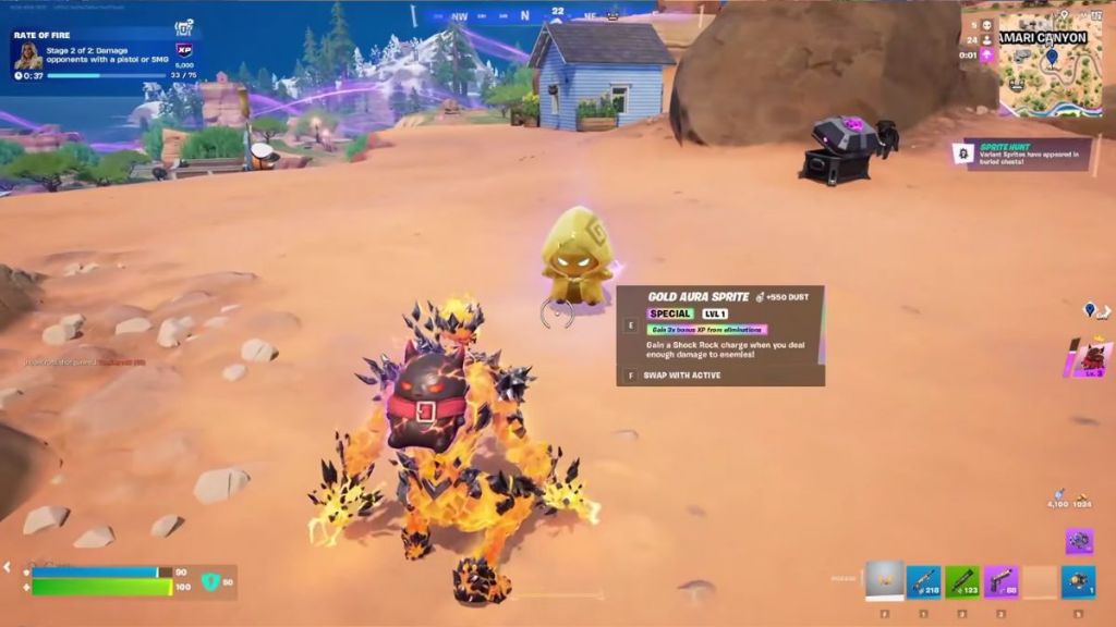 Fortnite player in front of the Gold Aura Sprite