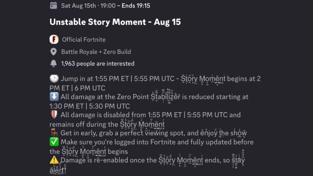 Fortnite Unstable live event duration in the official Discord server