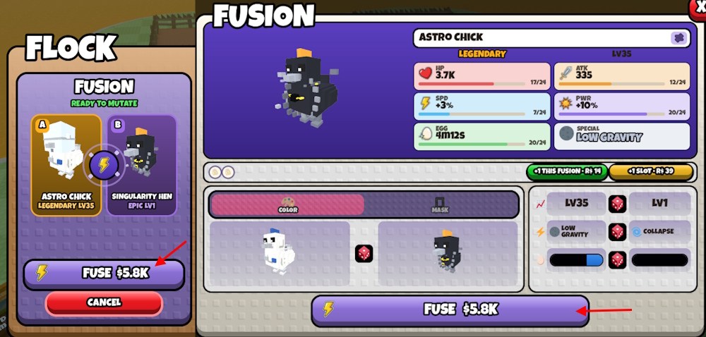 Fuse chickens in Grow a Chicken Fighter