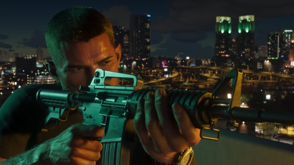 GTA 6 jason holding gun at night