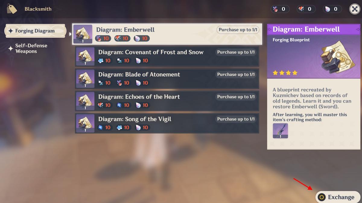 Genshin Impact Snezhnaya craftable weapon diagrams