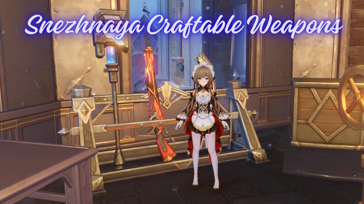 Genshin Impact Snezhnaya craftable weapons with Sandrone standing next to it