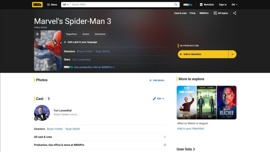Insomniac's Spider-Man 3 IMDb page
