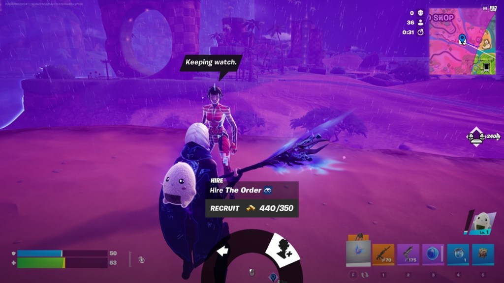 Interacting with The Order NPC in Fortnite to hire them