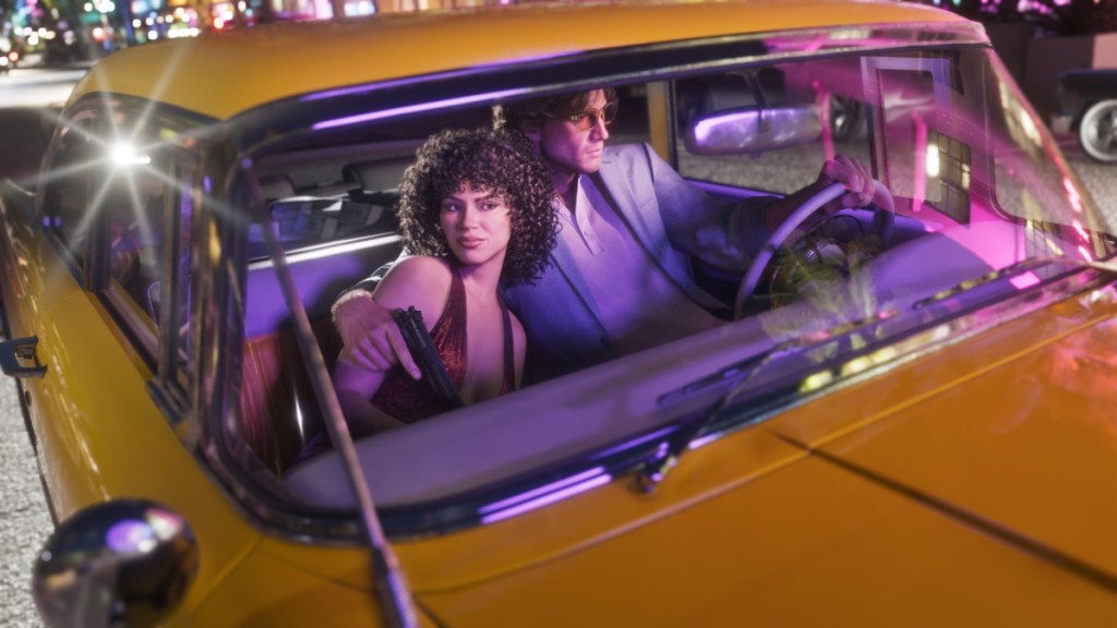 Jason and Lucia in a yellow car in GTA 6 gameplay