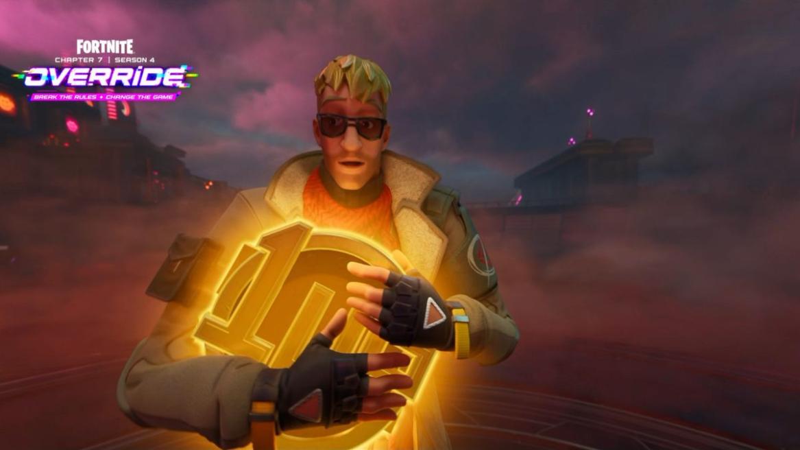 Jonesy holding 1up in Fortnite Override trailer