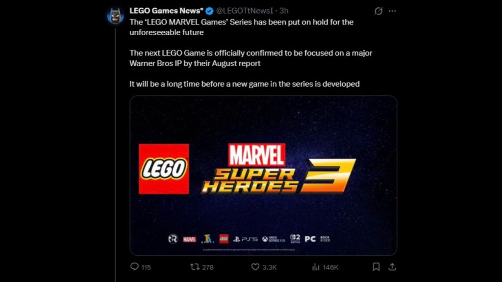 X post about LEGO Marvel Games being benched