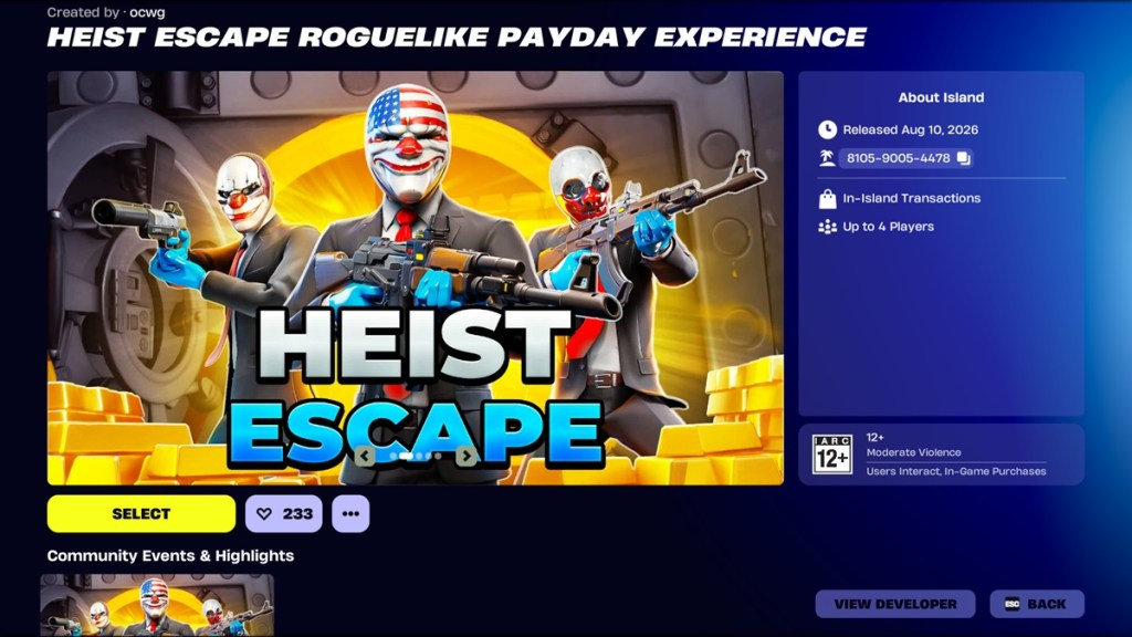 Payday Heist Escape UEFN Fortnite
