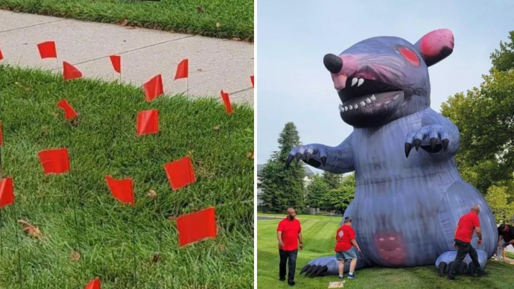 Protest outside Bethesda office with Scabby rat and red flags