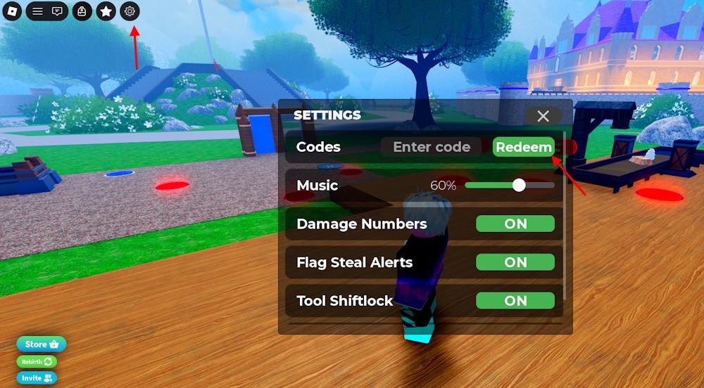 2 Player Evolution Tycoon settings menu with the Enter code field and Redeem button