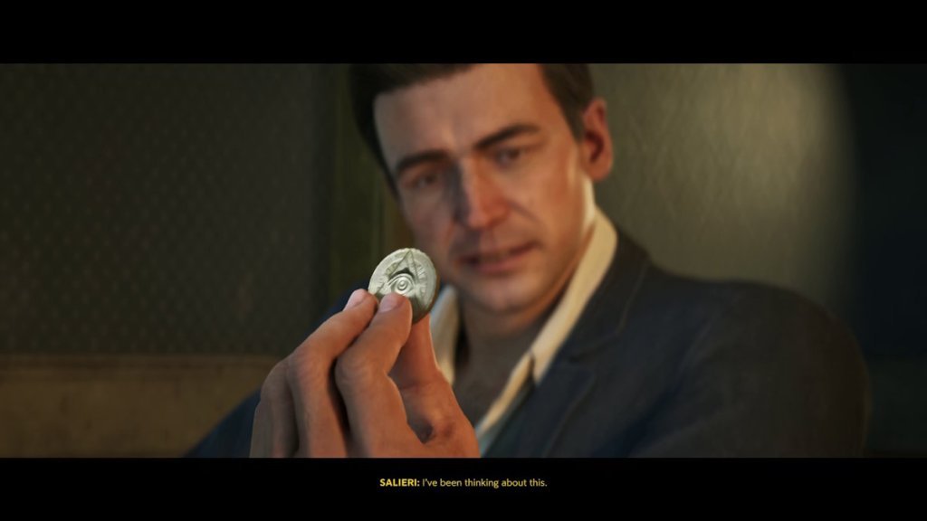 Salieri looking at a coin in Man of Honor DLC