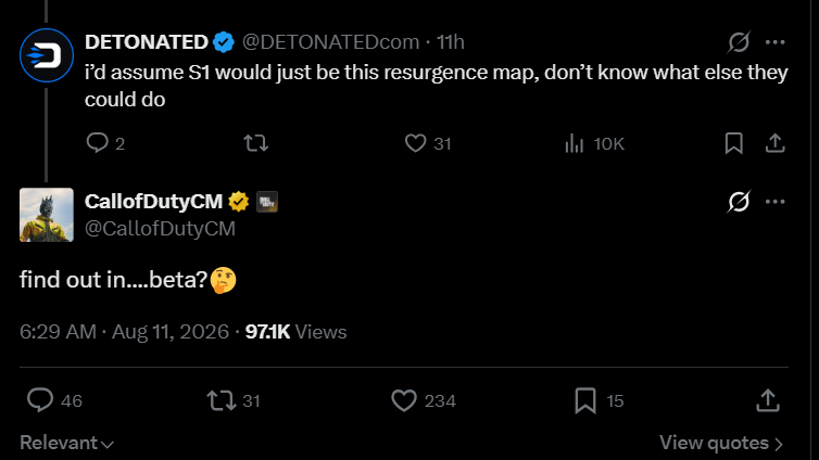The official Call of Duty studio community teams account teasing the new Warzone map on X in a reply to Detonated.