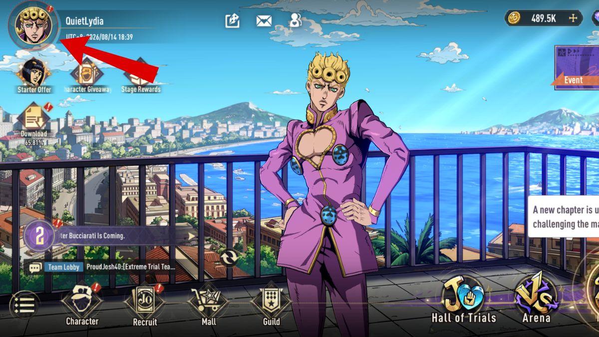Selecting profile in Jojo's Bizarre Adventure Golden Spirits