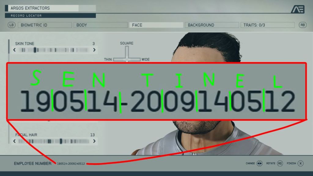 Star field character creation menu with employee number hint decoding
