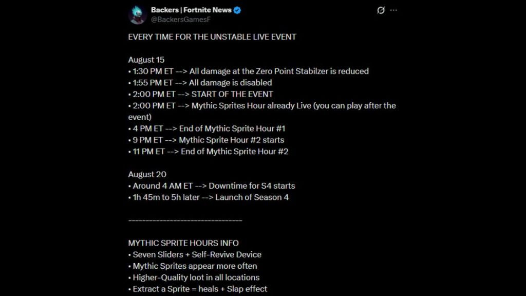 Unstable Story Moment Schedule Fortnite X post