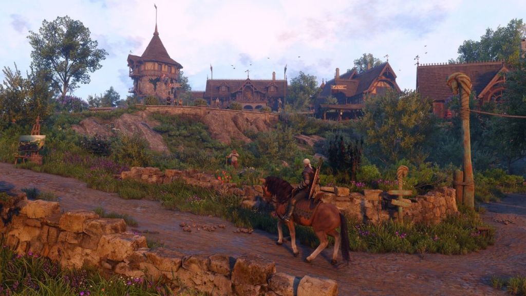 witcher 3 geralt riding horse with dandelion's house in background