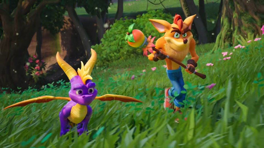 Crash and Spyro running together on the Fortnite C7S4 map.