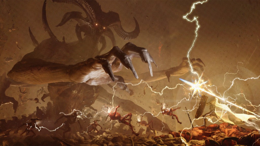Blizzard's Diablo 4: Lord of Hatred screenshot, featuring the demon Mephisto in a hellish background with his jobbers on the field.