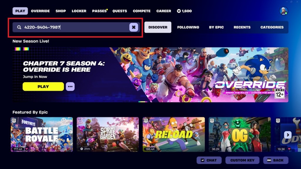 Entering Fortnite Sprite Garden Code in Discover