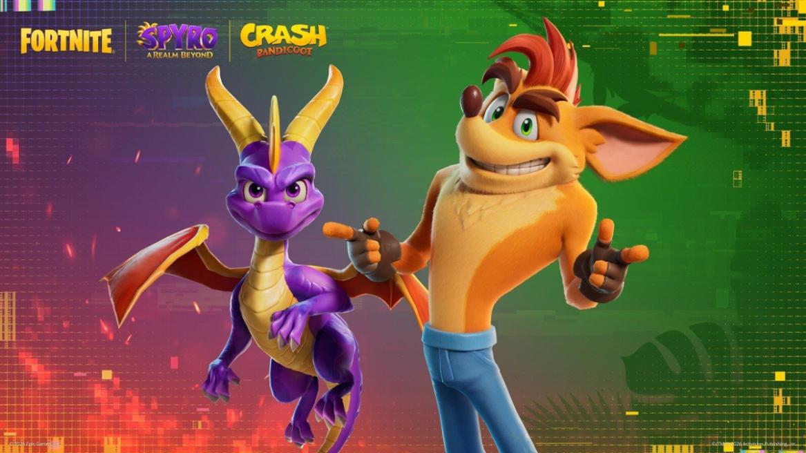 Fortnite Crash Bandicoot and Spyro collab keyart in C7S4.