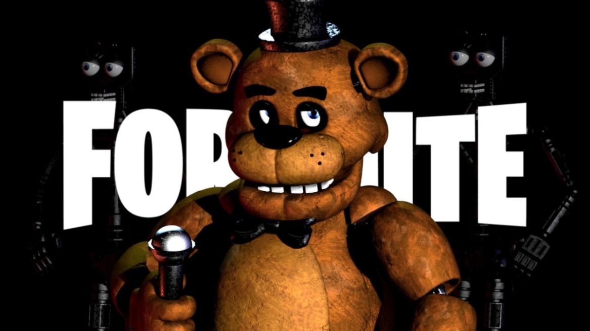 Freddy with a mic in a promo art from the first Five Nights at Freddy's title with the Fortnite logo in the background.
