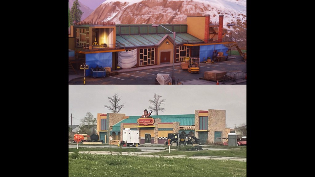 Fortnite in-game screenshots compared with the Five Nights at Freddy's movie pizzeria.