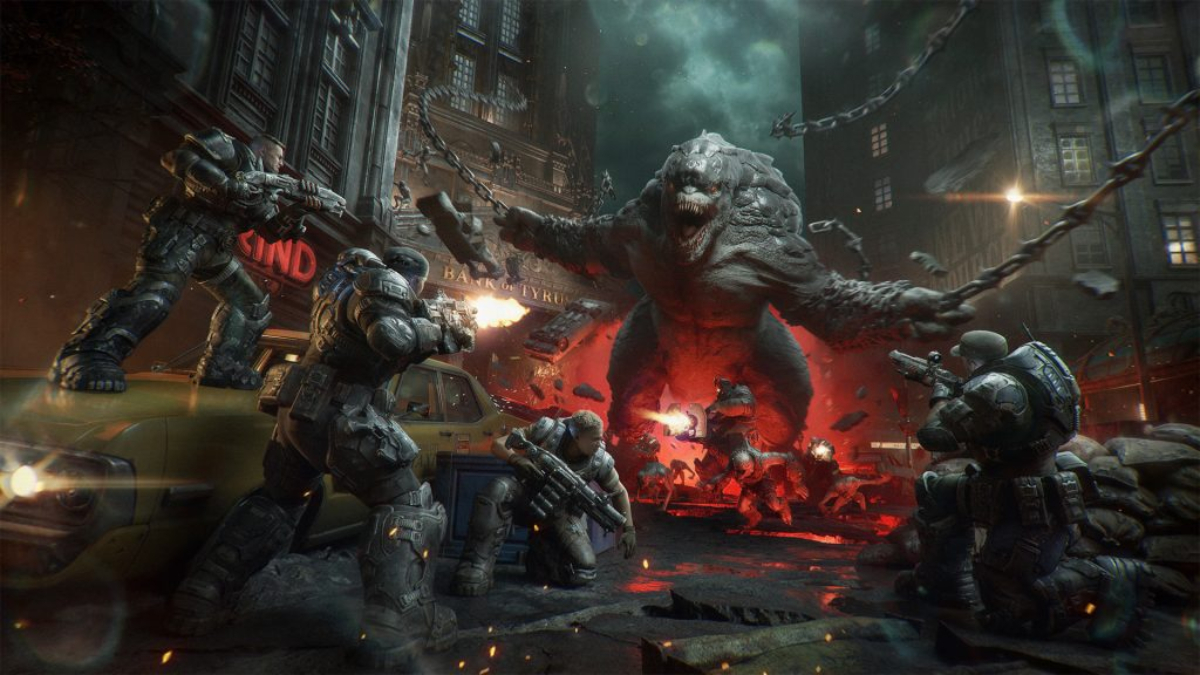 Gears of War E-Day's Horge Siege mode, featuring the COG soldiers killing a giant creature.