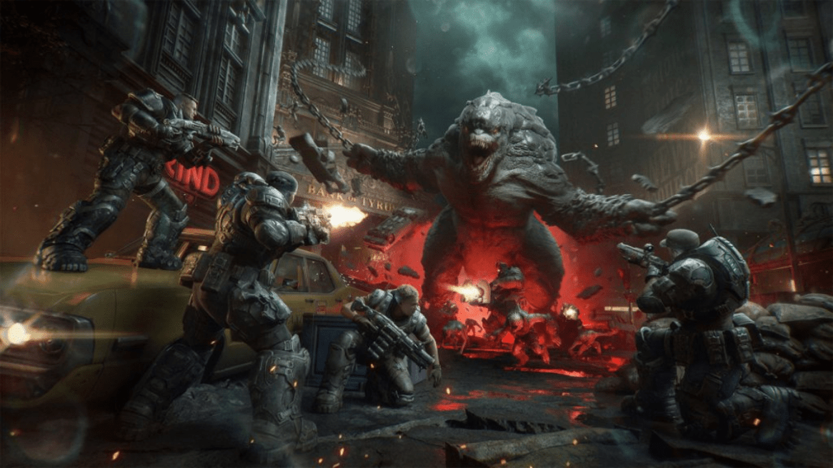 Gears of War E-Day's Horge Siege mode, featuring the COG soldiers killing a giant creature.