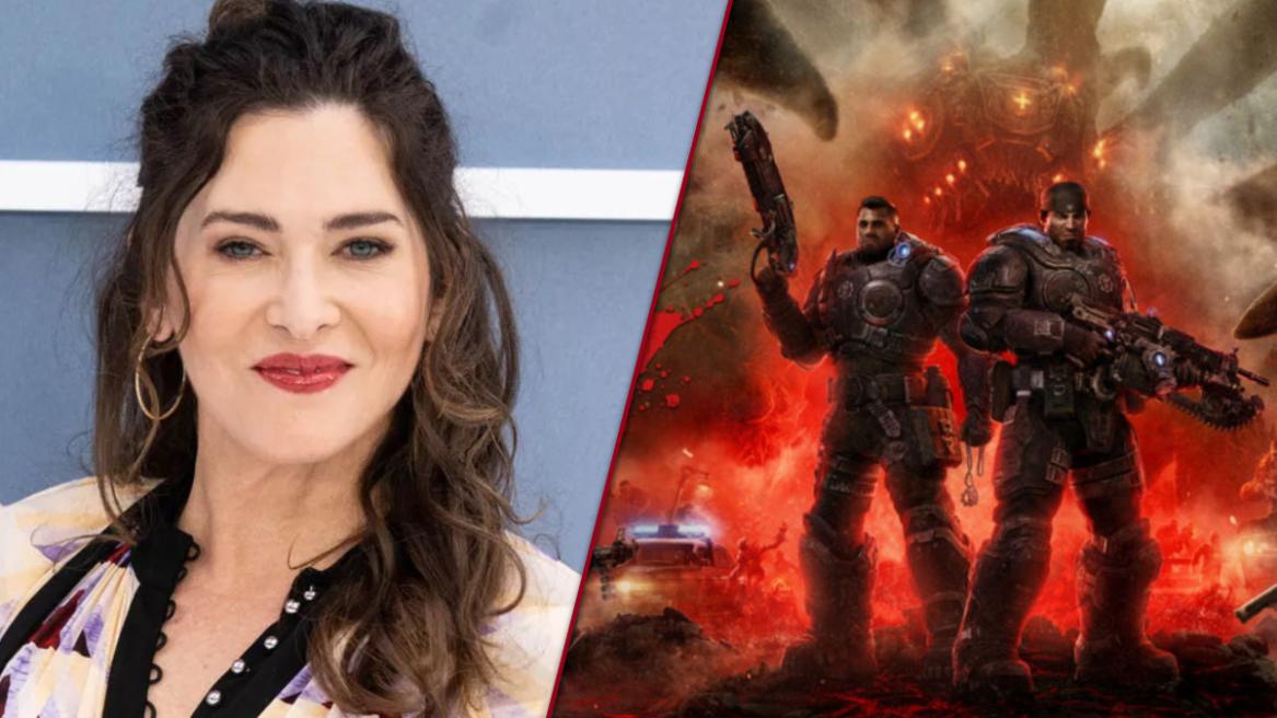 Kelly McCormick at an event (left), Gears of War E-Day promo image featuring Marcus and Dom (right).