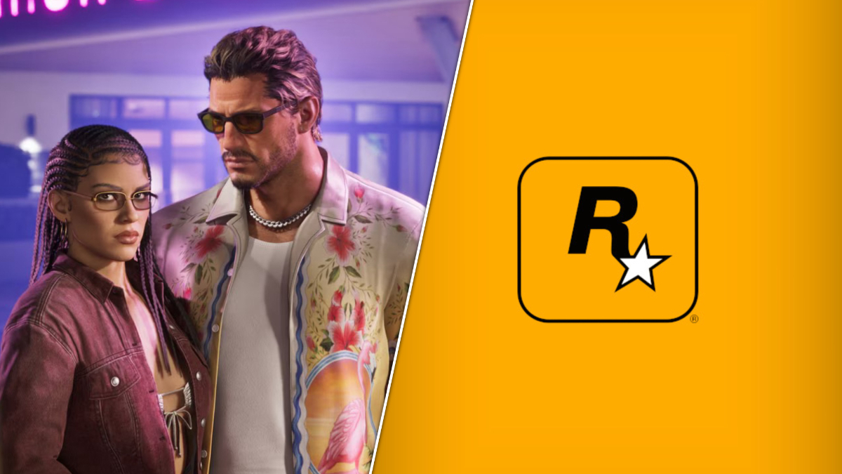 GTA 6 DAZED featured image with Jason and Lucia (left), Rockstar Games' yellow logo (right).