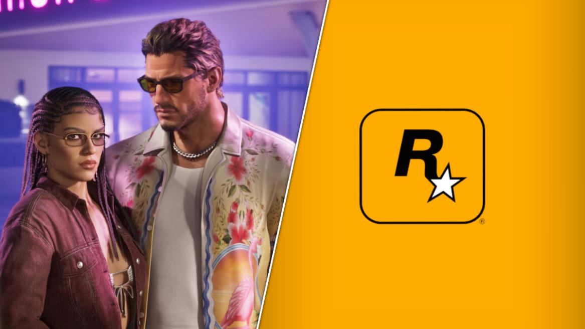GTA 6 DAZED featured image with Jason and Lucia (left), Rockstar Games' yellow logo (right).