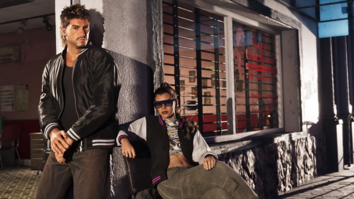 GTA 6 screenshot featuring Jason and Lucia at Sarah's Salon, showing off new hairstyles.