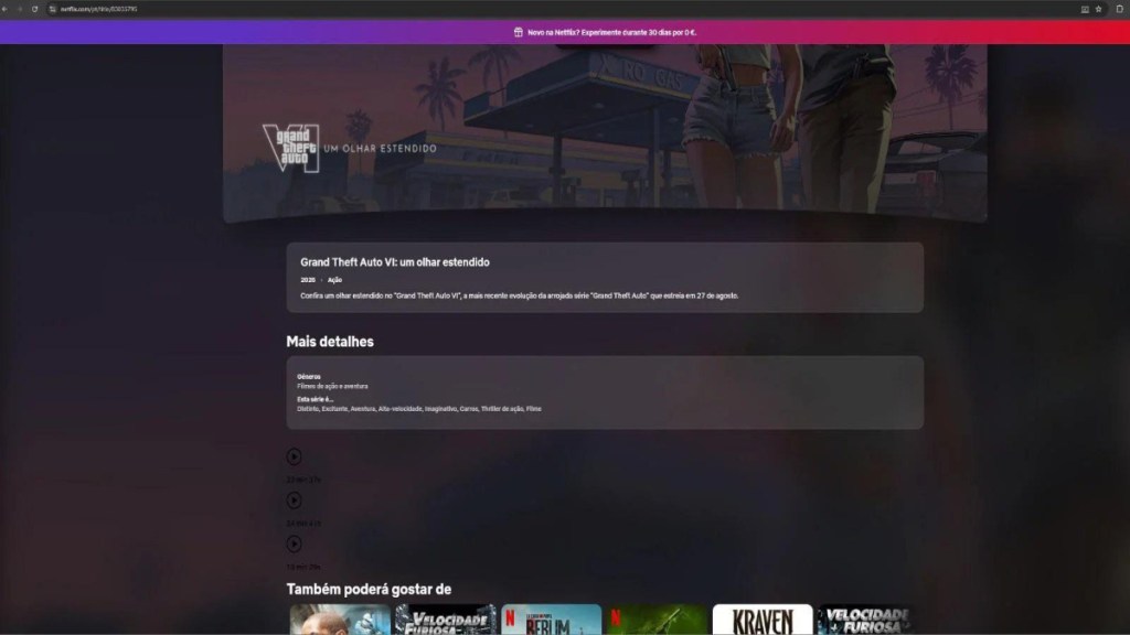 GTA 6's page on Netflix Portugal, which seemingly lists three episodes.