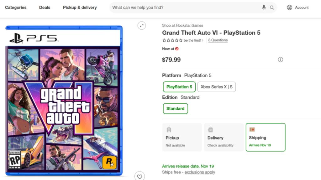 GTA 6 listed on Target's website at $79.99.
