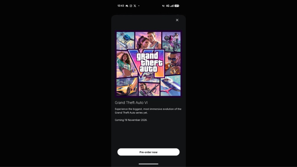 GTA 6 pre-order pop-ups on the PlayStation app.