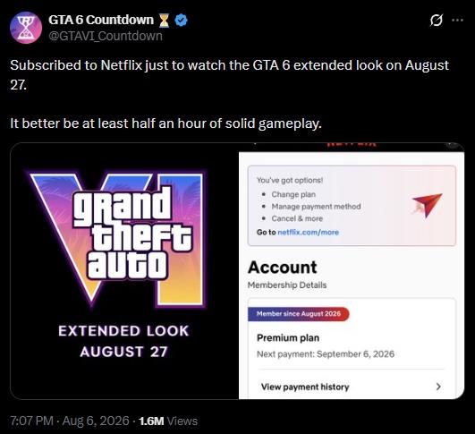 GTA 6 Community Roasts Player Who Subscribed to Netflix for August 27 Extended Look
