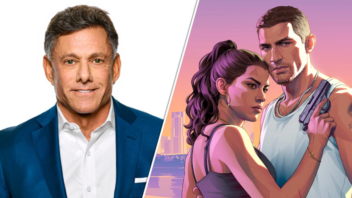 Strauss Zelnick (left), Lucia and Jason hugging in a GTA 6 artwork (right).